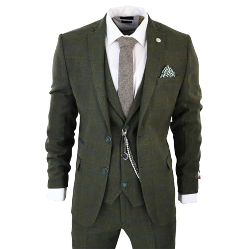 Men's 3 Piece Suit Wool Tweed Green Blue Brown Check 1920s Gatsby Formal Dress Suits