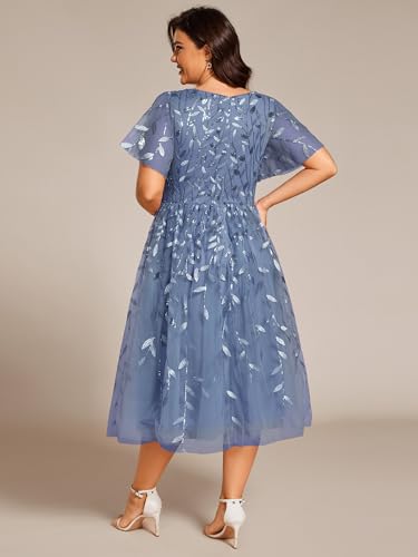 Women's V Neck Short Sleeves Embroidery Empire Waist Sequin Plus Size Midi Cocktail Wedding Guest Dresses 2230-DA