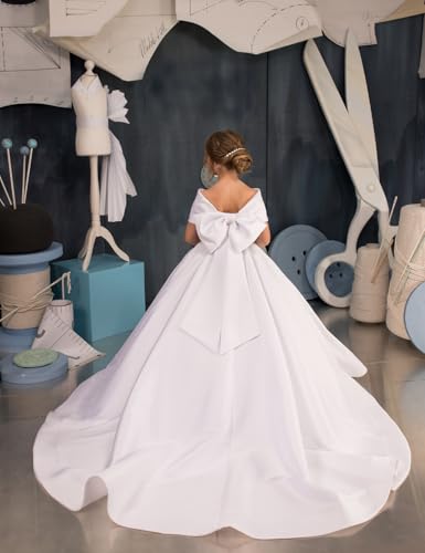 Girls Pageant Dresses Satin Flower Girl Dress - Off Shoulder First Communion Dress Princess for Girls