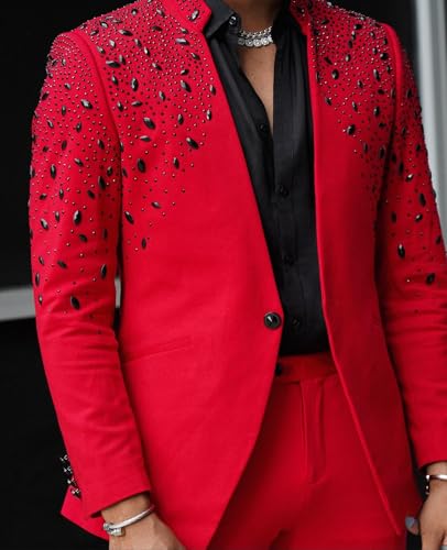 Men's Tuxedo Suits with Rhinestone Tailored Slim Blazer Prom Jacket Pants Set for Wedding,Party,Dinner,Christmas