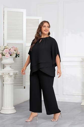 Mother of Bride Pant Suits Plus Size Half Sleeve 2 Piece Chiffon Pantsuit Formal Wedding Guest Outfit