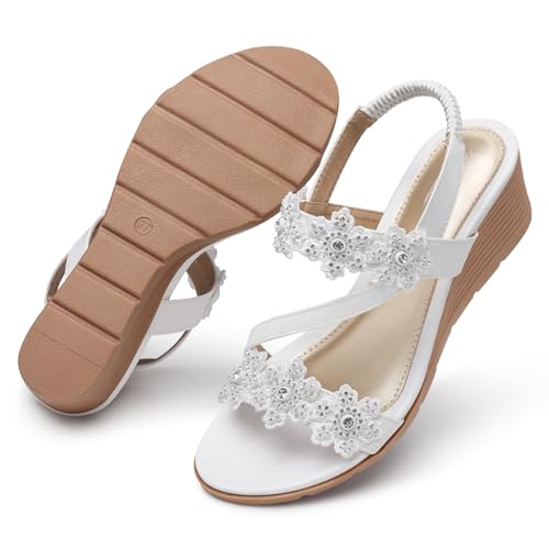 Wedge Sandals for Women Dressy: Summer Open Toe Low Platform Wedges Sandals Elastic Ankle Strap Flower Comfortable Casual Shoes