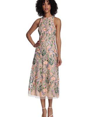 Women's Garden Embroidered Mesh Halter Midi Dress-Perfect for Wedding Guest & Special Occasions