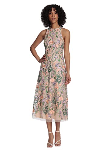 Women's Garden Embroidered Mesh Halter Midi Dress-Perfect for Wedding Guest & Special Occasions