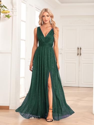 Long Glitter Tulle Evening Gowns with Slit A Line Sleeveless Formal Dress for Women LNR002