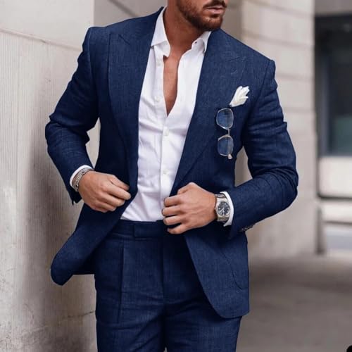 Linen Suit Wedding Suits for Men Luxury Lapel Collar Top+Pants Set