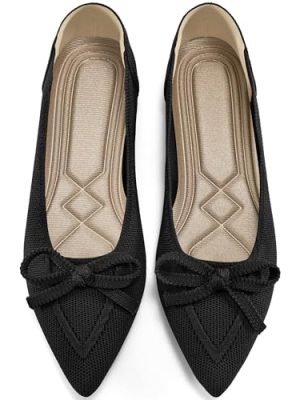 Ballet Flats Shoes for Women: Dressy Pointed Toe Bow Knit Flats Comfortable Slip On Work Business Shoes for Driving Dating