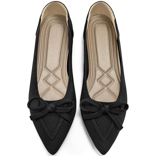 41bLyXHE0XL.jpg Ballet Flats Shoes for Women: Dressy Pointed Toe Bow Knit Flats Comfortable Slip On Work Business Shoes for Driving Dating