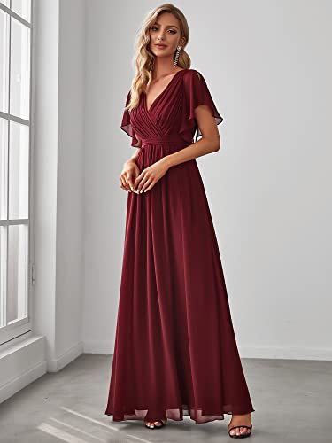 Women's Bridesmaid Dress V-Neck Ruffle Sleeves Ruched Bust Floor Length Chiffon Formal Dresses 0164A