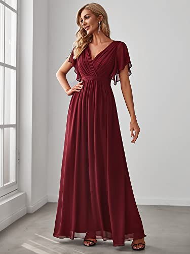 Women's Bridesmaid Dress V-Neck Ruffle Sleeves Ruched Bust Floor Length Chiffon Formal Dresses 0164A