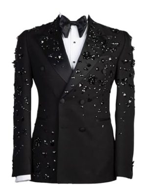 Luxury Men's 2 Piece Suit Slim Fit Double Breasted Beads Crystal Party Wedding Tuxedo Suits Blazer Jacket Pants Set