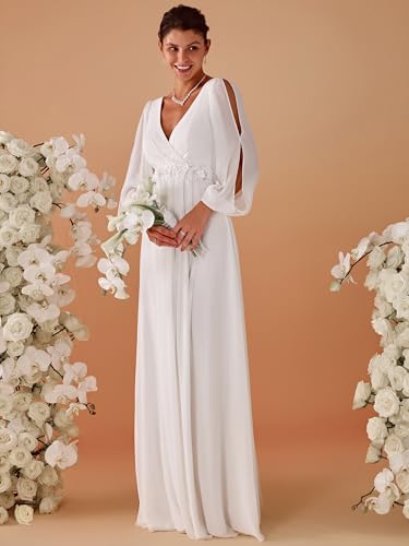 41buEKvCBdL.jpg Women's V Neck Long Sleeves Floor Length Ruched Chiffon Formal Dress 00461