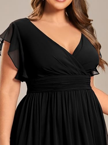 Women's Summer Chiffon Ruffles Sleeve Pleated Back Cutout Plus Size Bridesmaid Dresses Formal Gowns