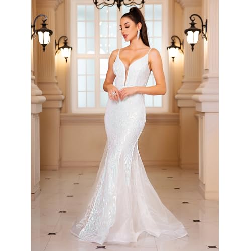 V Neck Sequins Tulle Mermaid Long Prom Dress