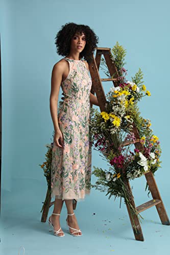 Women's Garden Embroidered Mesh Halter Midi Dress-Perfect for Wedding Guest & Special Occasions