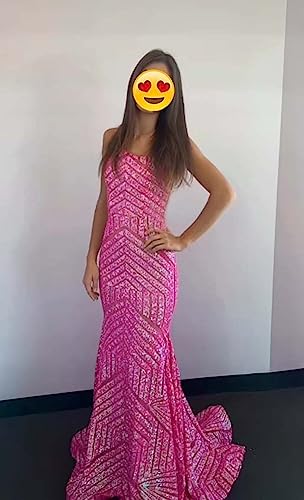 Hot Pink Prom Dresses for Teens Sequin Mermaid One Shoulder Wedding Party Evening Gown Long Sparkly 10