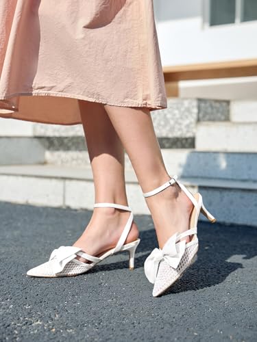 Womens Kitten Low Heels Rhinestone Mesh Bow Heels Closed Pointed Toe Ankle Strap Pumps Dress Wedding Shoes