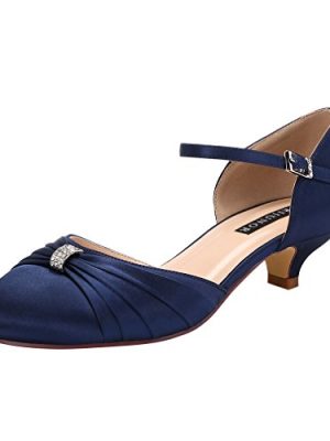 Women Comfort Low Kitten Heel Buckle Ankle Strap Satin Bridal Wedding Shoes