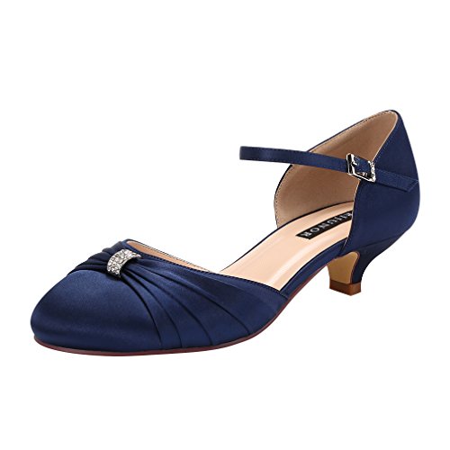 Women Comfort Low Kitten Heel Buckle Ankle Strap Satin Bridal Wedding Shoes