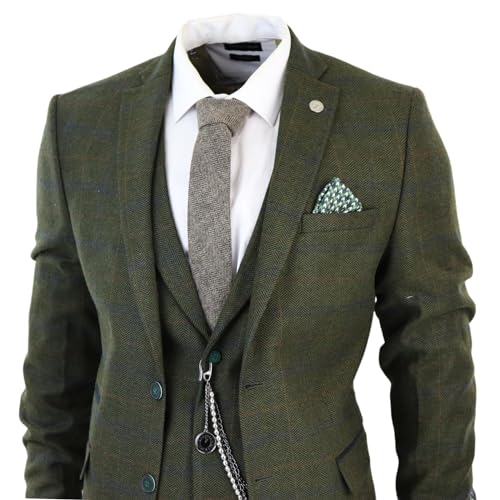Men's 3 Piece Suit Wool Tweed Green Blue Brown Check 1920s Gatsby Formal Dress Suits