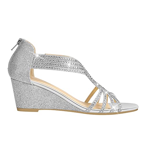 Women's Diana Low Wedge Sandals Sparkly Rhinestone Open Toe Fashion Dress Shoes for Woman Lady in Bridal Dance Evening