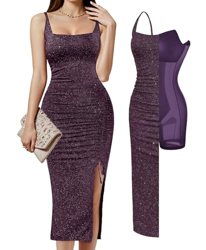 Sparkly Cocktail Dresses for Women Tummy Control Formal Shapewear Dress Square Neck Ruched Midi Dress Side Slit