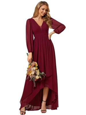 Women's Fall Lantern Sleeve A Line High Low Bridesmaid Dresses 02043
