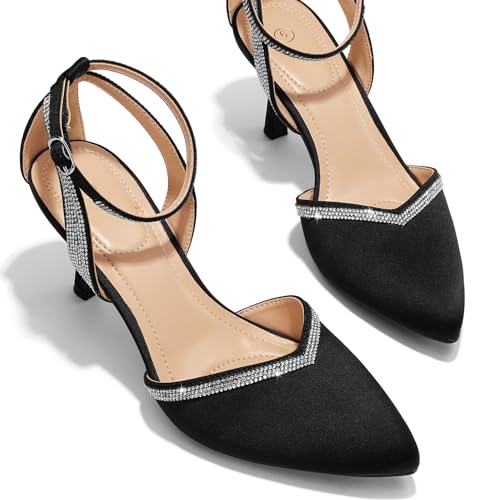 Women's Pumps Shoes Pointed Toe Kitten Low Heels Stiletto Ankle Strap Closed Toe Wedding Party Dress Sandals