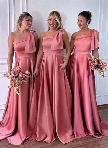 One Shoulder Bridesmaid Dress with Bow Long Prom Dress Satin Formal Gown with Slit BI151