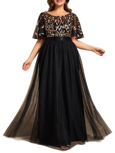 Women's Round Neck Short Sleeves Plus Size A-Line Tulle Sequin Formal Evening Dresses 0904-DA2