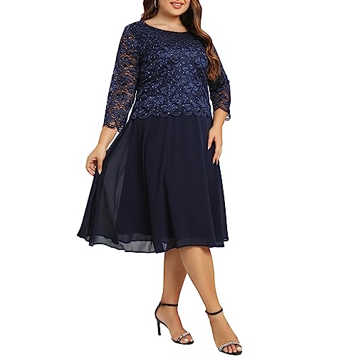 Women's Plus Size Tea Length Sequin Lace Dress Mother Gifts Special Occasion Wedding Party Dresses