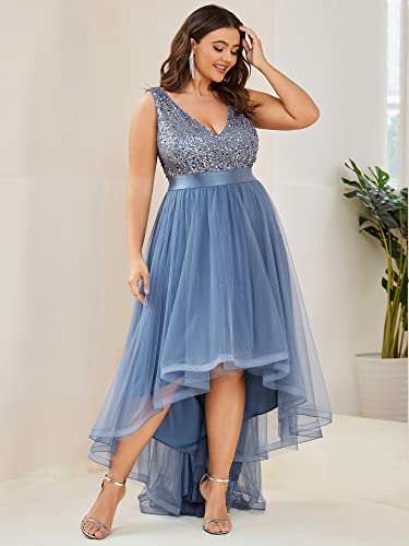 41gqJV6chJL.jpg Womens Double V Neck A Line High Low Sequin Tulle Plus Size Formal Dresses for Curvy Women 0147A-DA