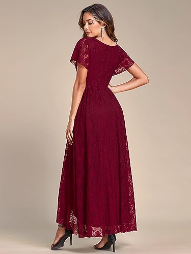 Women's Lace V Neck Ruffles Sleeves Pleated Empire Waist A-Line Maxi Formal Dresses 01489