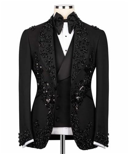 Men's Black Tuxedo with Flower Applique Beaded Tuxedo Slim Fit Shawl Lapel Blazer for Dinner Prom Wedding