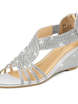 Women's Diana Low Wedge Sandals Sparkly Rhinestone Open Toe Fashion Dress Shoes for Woman Lady in Bridal Dance Evening