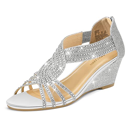 Women's Diana Low Wedge Sandals Sparkly Rhinestone Open Toe Fashion Dress Shoes for Woman Lady in Bridal Dance Evening