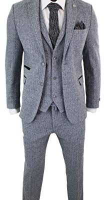 Mens Light Grey 3 Piece Tweed Suit Herringbone Wool Vintage Retro