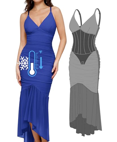 Corset Dress Built in Shapewear Bodycon Cocktail Dresses for Women Wedding Guest Deep V Neck Mesh Ruched Maxi Dress