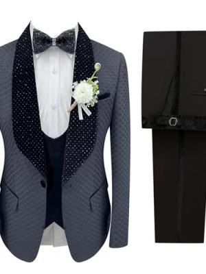 Men's 3 Piece Slim Fit Cotton Square Patterned Jacquard Shawl Lapel with Stone Tuxedo Suit for Wedding Prom Dinner