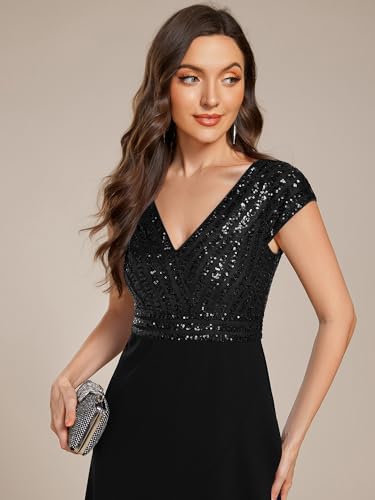 Women's Elegant V Neck Sequin Short Sleeve Hi-Lo Tea Length Evening Gowns 02325