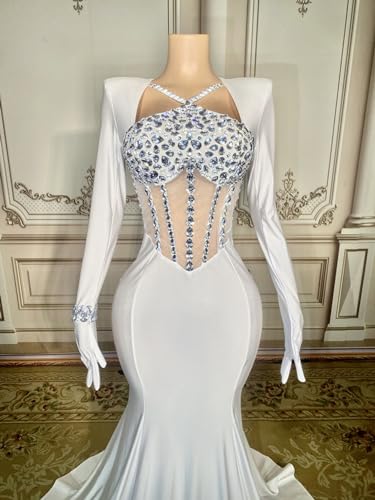 White Satin Crystals Mermaid Prom Evening Wedding Party Dress Celebrity Pageant Wedding Guest Gown Bridal Gown