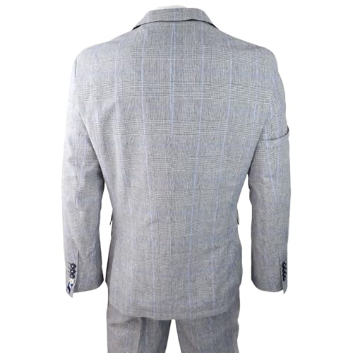 Mens 3 Piece Summer Suit Grey Check Blue Black Tailored Fit Classic Wedding Formal