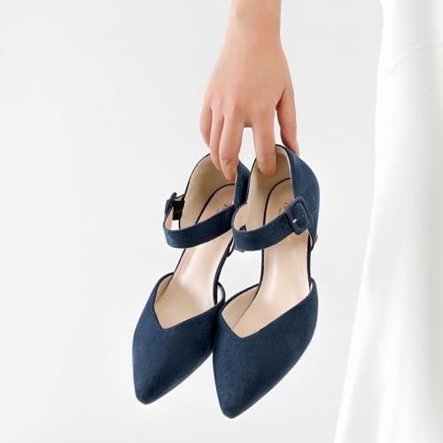 Comfortable Kitten Heels for Women Pointed Closed Toe Ankle Strap Buckle Heels Slip on Low Heel Church Pumps Wedding Bridal