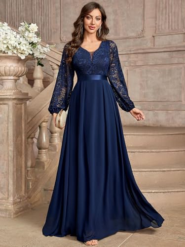Women's Wedding Guest A-Line Dress Floral Lace Deep V Neck Long Sleeve Formal Evening Gown