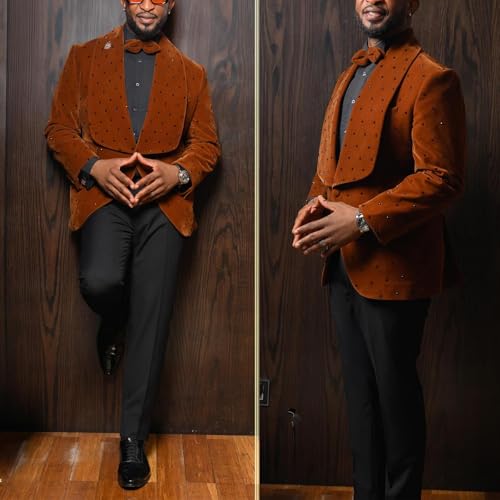 Men's Velvet Tuxedo Diamond Suit Slim Shiny Shawl Lapel Blazer Prom Velour Jacket Pants Set for Wedding,Party,Dinner