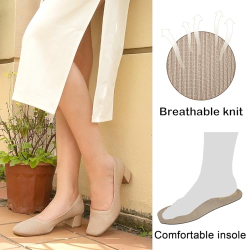 Low Chunky Heels Dress Shoes for Women Comfortable Knit Block Heeled Pumps Square Closed Toe Dressy Casual Wedding Party Prom