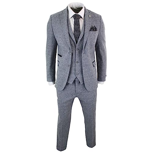 41kKZnNqgnL.jpg Mens Light Grey 3 Piece Tweed Suit Herringbone Wool Vintage Retro