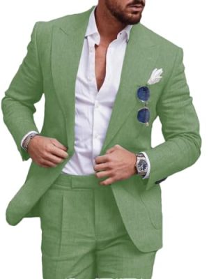 Linen Suit Wedding Suits for Men Luxury Lapel Collar Top+Pants Set