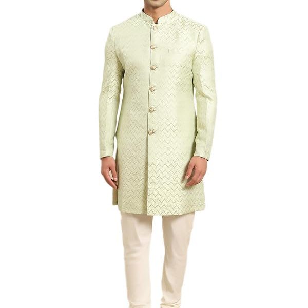 Men's Cream Jacquard Indowestern Sherwani Kurta & Pajama Set – Mandarin Collar | Indian Wedding & Festive Wear