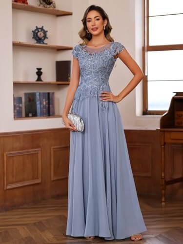 41kxJkH2eqL.jpg Women's Lace Applique Mother of The Bride Dress Cap Sleeves Round Neck Evening Gown NO195